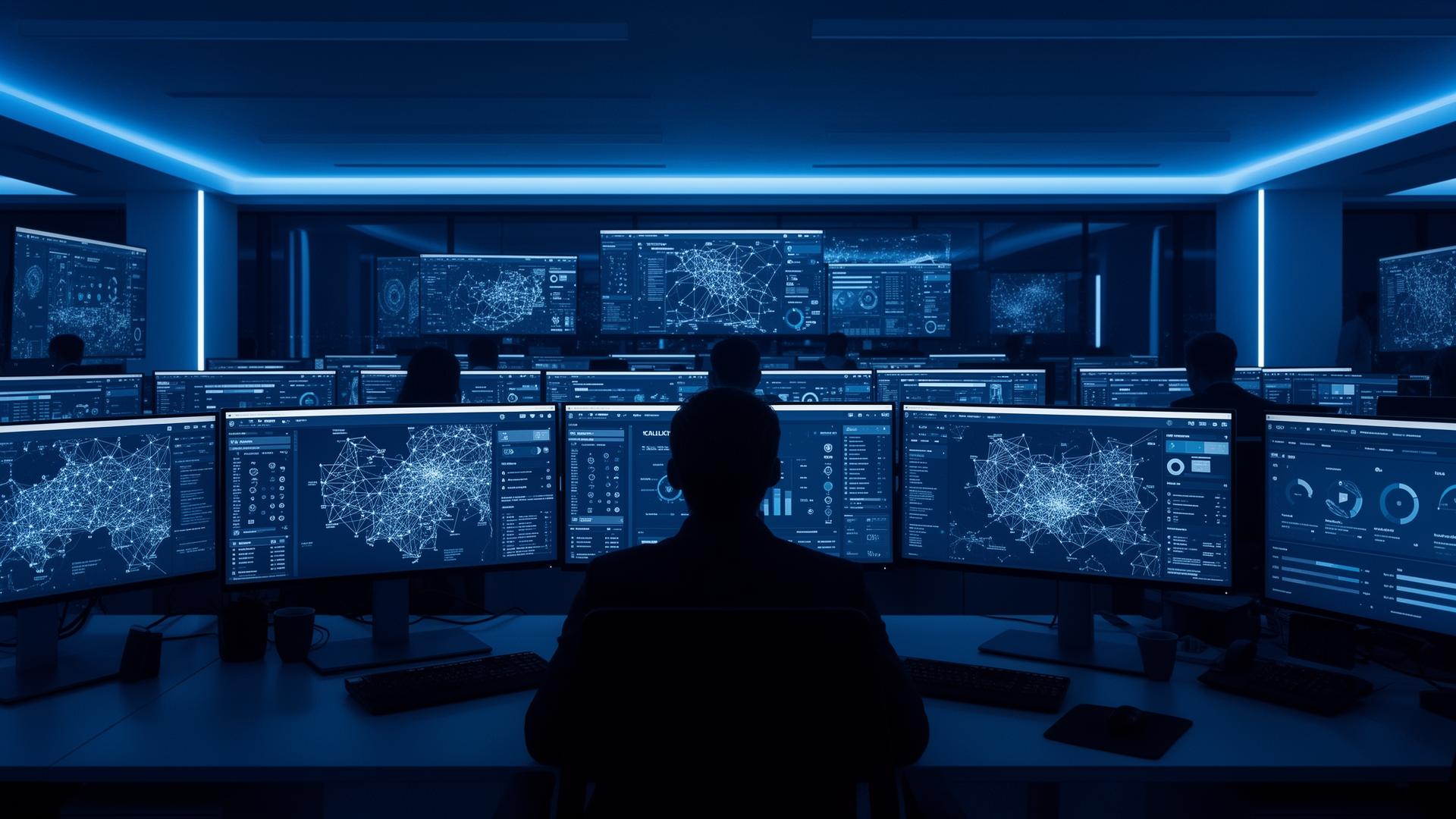 Enterprise security operations centre with analysts monitoring network and compliance dashboards