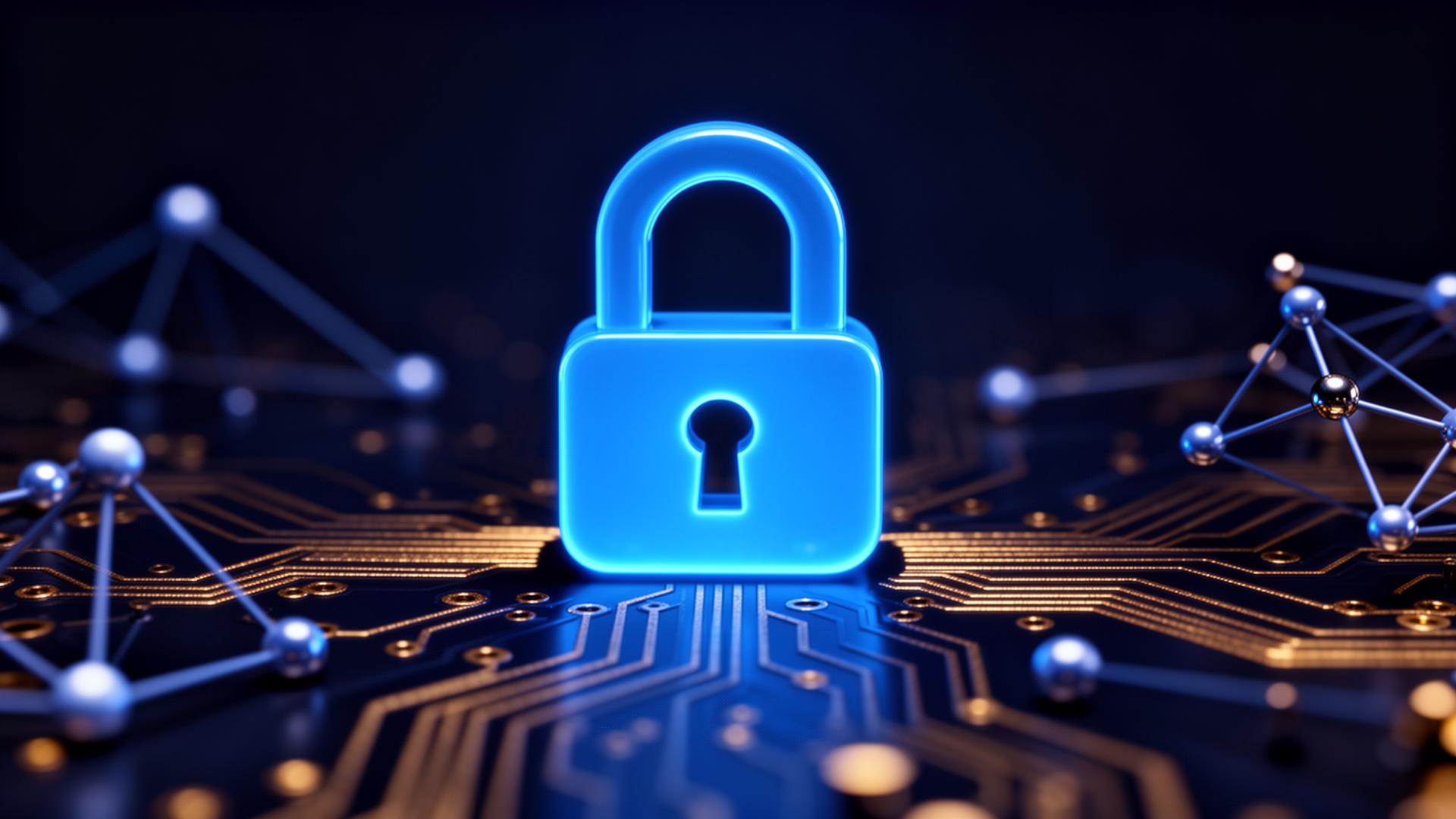 Brand Protection & Digital Risk Monitoring — glowing padlock over an enterprise network circuit board, MAST Consulting Group